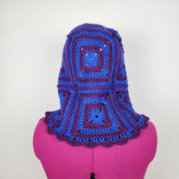 New Crochet Handmade Balaclava Granny Square Blue Purple Scalloped Edges - Picture 6 of 16